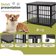 Heavy-Duty Wooden Dog Crate with Side Door, 32 Inch Pet Cage Furniture, Decorative End Table Kennel