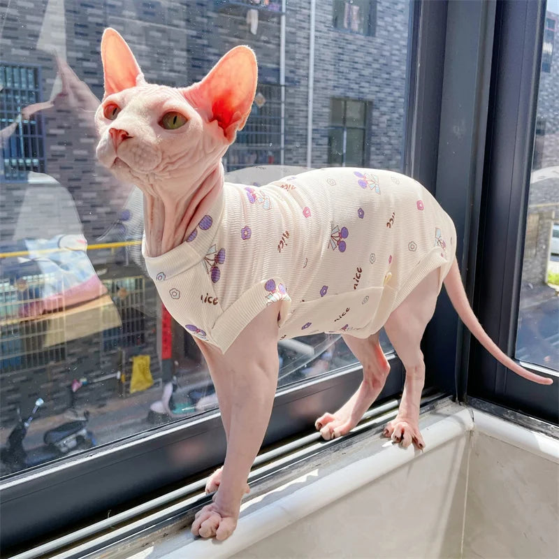 Cool Fabric 4-legged Vest for Sphyinx Cat Summer Beige Green T-Shirt for Male Kittens Dogs Soft Coat for Devon Rex Cat Prodcut