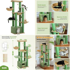 Large Indoor Cat Tower with 13 Thick Scratching Posts, Heavy Duty for Adult Cats, 67 Height, Perch, Spa, Extra Large Cactus-Insp