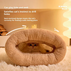 Winter Cat Bed, Enclosed Warm Kitty Sleeping Bag with Entry Hole, Plush Fleece Pet Bed for Small Dogs Cute Round Cave House