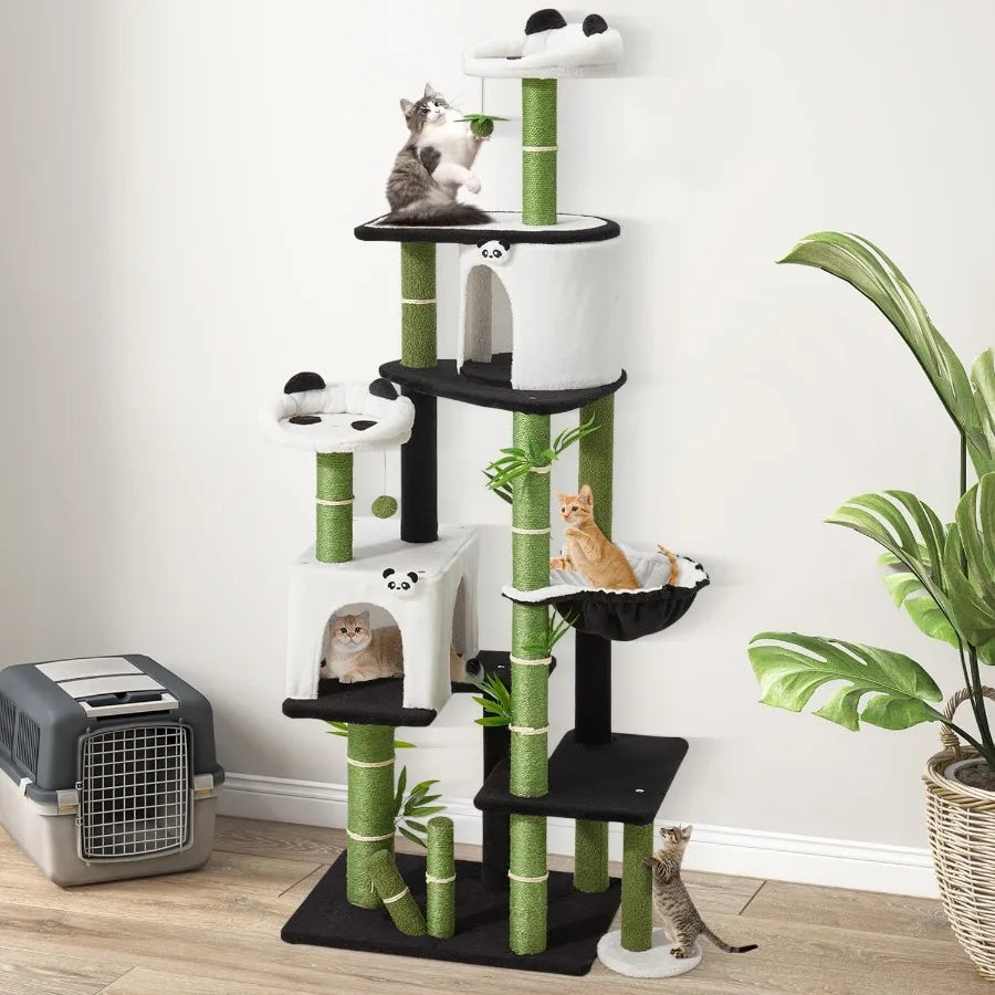 71.3 Inches Tall Cat Tree with Panda Design for Indoor Cats Spacious Multi-Level Kitty Condo Featuring Sisal Scratching Post Co