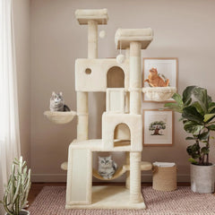 SHA CERLIN 65" Cat Tree Tower – Multi-Level Condo with Hammock, Scratching Posts & Plush Perches