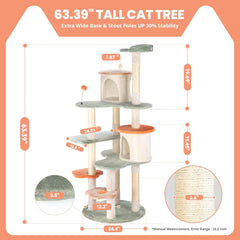 63-inch Cat Tree for Large Cats, Multi-Level Flower Tower with Condo, Sisal Scratching Posts & Toy Balls, Sturdy & Safe Indoor