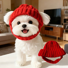 Maltese Dog Beanie Hat, Cozy Soft Knit with Ear Flaps, Cute Playful Dog Design, for Small Dogs, Red & Winter, Indoor/Outdoor Use