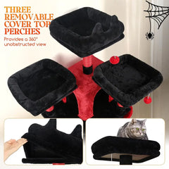 XXL 82-inch Gothic-Style Cat Tree for Multiple Adults with Scratching Post, Perches, Condos, and Hanging Baskets, Black Red