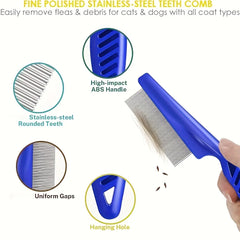 Pack of 4 Flea and Lice Combs, Stainless Steel Rabbit Dog Cat Grooming Comb with Round Teeth, Double-sided Professional Pet Tear