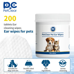 PetClaer 200PCS Natural Pet Ear Wipes, Double-Sided Design for Dogs Cats, Gentle Non-Irritating Ear Cleaning