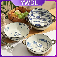 7.5inch Japanese Noodle Bowl With Dual Handles Cat Ceramic Salad Bowl Cat Plant Flower Pattern Kitchen Soup Tableware Bowl