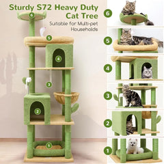 Sturdy 72 Cactus Cat Tree for Large Cats, Ideal for Maine Coons Over 20 lbs with 6 Scratching Posts, Hammock, Green S72