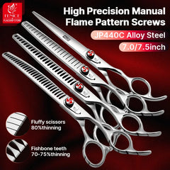 Fenice Dog Scissors JP440C 7/7.5 inch Flame Screw Pet Straight Fluffy Thinner Shark Teeth Curved Chunker Grooming Scissors