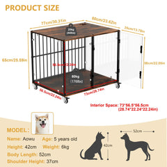 Furniture Style Tempered Glass Dog Crate Cage Pet Kennel End Table Rolling Wheels, Ventilated Bars, for Samll and Medium Dogs