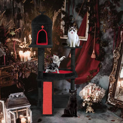 Gothic-Inspired Halloween Cat Tree Tower with Sisal Scratching Posts, House Cave, and Coffin-Shaped Platform