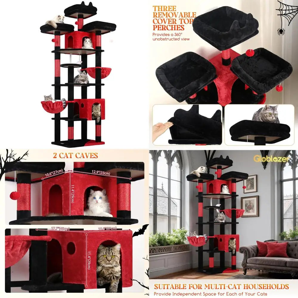 XXL 82-inch Gothic-Style Cat Tree for Multiple Adults with Scratching Post, Perches, Condos, and Hanging Baskets, Black Red