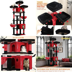 XXL 82-inch Gothic-Style Cat Tree for Multiple Adults with Scratching Post, Perches, Condos, and Hanging Baskets, Black Red