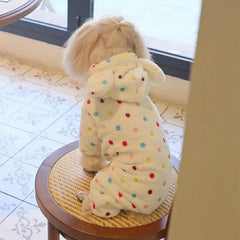 Fleece Rabbit Ear Hooded Polka Dot Onesie with Four Legs, Suitable for Small and Medium-Sized Dogs, Pet Apparel