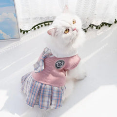 Kawaii Pet JK Plaid Skirt Knitted College Style Cat Clothes Comfortable Design Small Medium Size Dog Dress Autumn/Winter