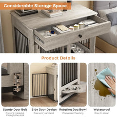 Wooden Storage Drawer Dog Crate with Sliding Door for Medium to Large Dogs, Indoor Pet House with Side Table