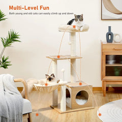 Cat Tree Modern Cat Tower for Indoor Cats,Multilevel Cat Play House with Large Condo, Spacious Hammock, Cozy Top Perch