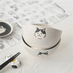 Japanese Hand-painted Stoneware Cat Face Ceramic Bowl 4.5inch Underglaze Color Craft Cute Cat Rice Bowl Soup Bowl Kitchen Tools