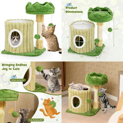 Green Cat Tower with Enclosed Condo, Plush Top Perch, Hanging Pom-Pom, Spring Toy, and Sisal Scratching Pad