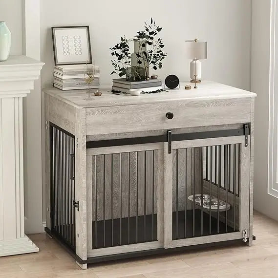 Wooden Storage Drawer Dog Crate with Sliding Door for Medium to Large Dogs, Indoor Pet House with Side Table