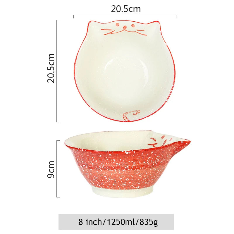 8 Inch Cartoon Kitten Bowl Ceramic Noodle Bowl Large Ramen Bowl, Maneki Neko Cat Soup Salad Mixing Bowl