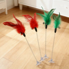 5pcs Cat Teaser Stick Toy Spring Suction Cup Feather Squeaky Interactive Kitten Toy Bite-resistant Training Cat Toy Supplies