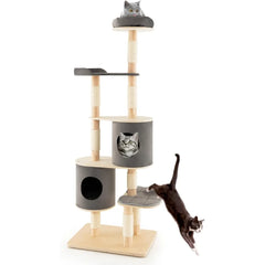 Very PETSITE 75" Tall Cat Tree, Large Rubber Wood Cat Tower With 2 Removable Condos, Scratching Post, Top Perch, 6-Tier Modern C