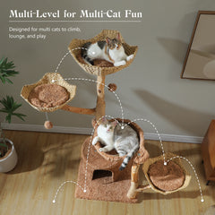Modern Cat Tree for Large Cats Wood Cat Tower with Wicker Baskets Bed Scratching Posts Soft Hammock Luxury Boho Cat Furniture