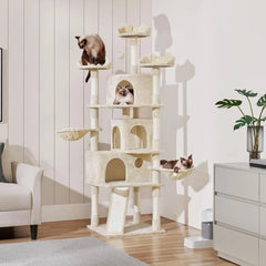 Large Multi-Level Cat Tower for Big Cats, 76.5 High with 3 Condos, Perches, 9 Scratching Posts, and 2 Balls for Climbing and Pla