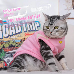 False Two-Piece Cat Hoodie - Cartoon Print Thermal Lined Windproof Sweater, Plush Pullover Pet Clothes for Indoor Outdoor