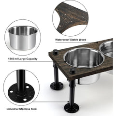 Raised Dog Bowl Stand for Large Dogs | 2 Stainless Bowls & Waterproof Wood Base | Rustic Brown & Durable