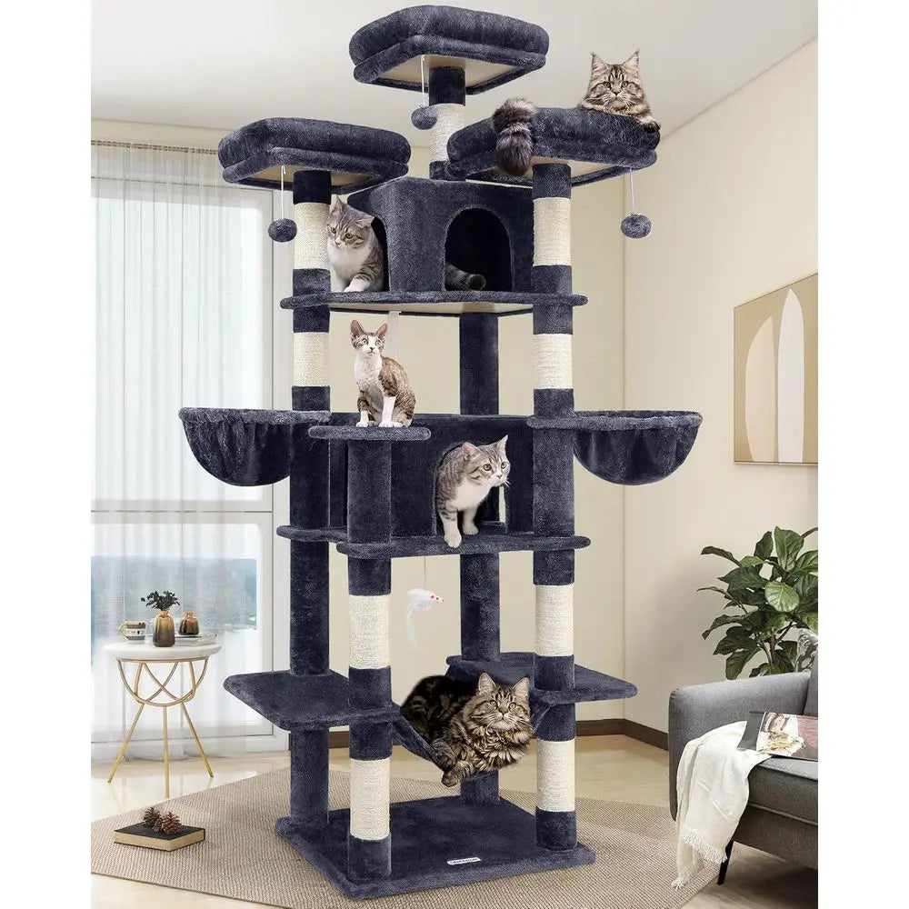 80-inch XXL Indoor Cat Tower with Multiple Levels, Scratching Post, Hammock, Perches, Condos, and Hanging Baskets, Dark Grey