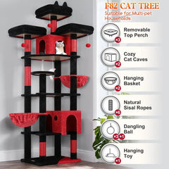 XXL 82-inch Gothic-Style Cat Tree for Multiple Adults with Scratching Post, Perches, Condos, and Hanging Baskets, Black Red