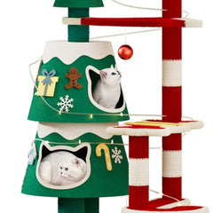 Indoor Christmas-Themed Cat Tree with 2 Condos, Thick Scratching Post, and Decorative LED Lights
