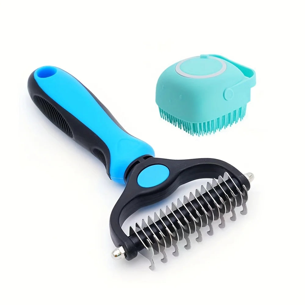 Dual-Sided Pet Grooming Brush:,Stainless Steel Deshedding & Detangling Tool , Silicone Massage Bath Brush for Dogs and Cats