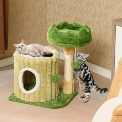 Green Cat Tower with Enclosed Condo, Plush Top Perch, Hanging Pom-Pom, Spring Toy, and Sisal Scratching Pad