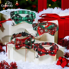 Christmas Cat Collars Breakaway with Bow Tie and Bell Christmas Adjustable Plaid Snowflake Collar Buckle Safety for Puppy Kitten