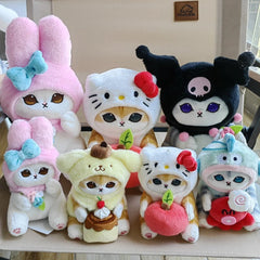 12/20cm Kawaii Shark Cat Turn Into Co Branded Ugly Fish Kuromi Melody Cinnamoroll Plush Plush Series Toy Keychain Gift for Kids