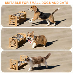 Adjustable Heightened Cat Bowl Stand for Small Dogs and Cats, Sturdy Wooden Pet Food Feeder with 2 Stainless Steel Bowls