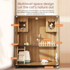 Cat Villa Modern Retro Solid Wood Cat Cage Light Luxury Two-Layer One-Piece Movable Living Room House Cat Cabinet