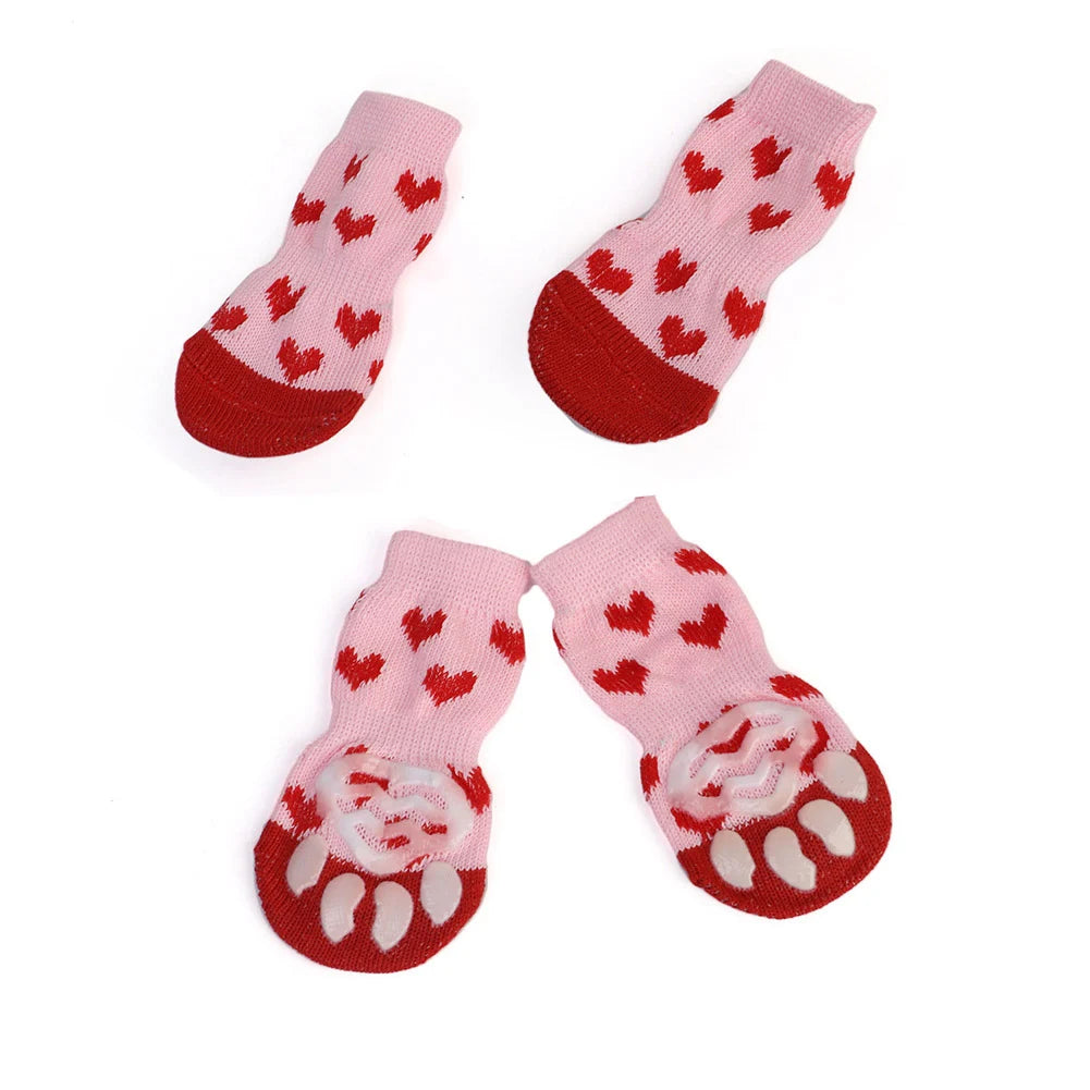 Cute Puppy Dog Shoes Anti-Slip Knit Socks Small Dogs Cat Shoes Chihuahua Boots For Winter Indoor Wear Slip On Paw Protector 4pcs