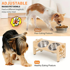Adjustable wooden raised dog bowl stand with 2 stainless steel bowls for small dogs and cats, sturdy wooden pet food feeder