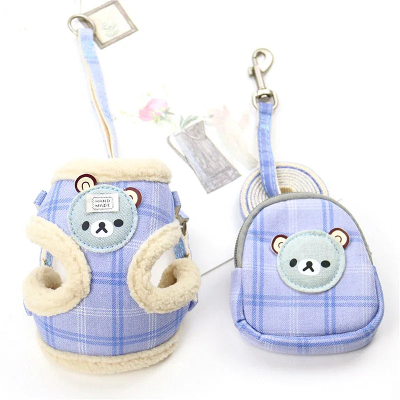 Dog Harness Backpack Set Autumn Warm Adjustable Puppy Cat Harness Vest French Bulldog Chihuahua Pug Outdoor Walking Lead Leash