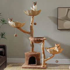 Modern Cat Tree for Large Cats Wood Cat Tower with Wicker Baskets Bed Scratching Posts Soft Hammock Luxury Boho Cat Furniture
