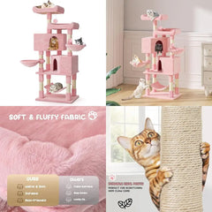 Large Indoor Cat Tree Tower with 58 Inch Height, Pink Scratching Post, Hammock, and Play House for Adult Cats