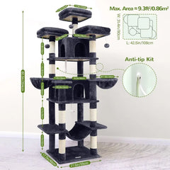 80-inch XXL Indoor Cat Tower with Multiple Levels, Scratching Post, Hammock, Perches, Condos, and Hanging Baskets, Dark Grey