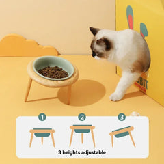 800ml Ceramic Cat Dog Bowl with Wood Stand-Elevated Eating Drinking Feeder Suitable Small Medium Pets Practical Feeding Supplies
