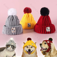 Knitted Dog Hat with Pom Pom Ear Exposed Winter Windproof Pet Cap Warm Knit Puppy Clothing for Small Dogs Christmas Photo Props