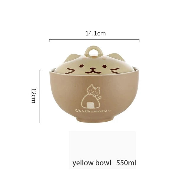 550ml Cartoon Cat Ceramic Instant Noodle Bowl With Lid Underglaze Color Soup Salad Bowl Kitchen Office Student Lunch Box 1pcs